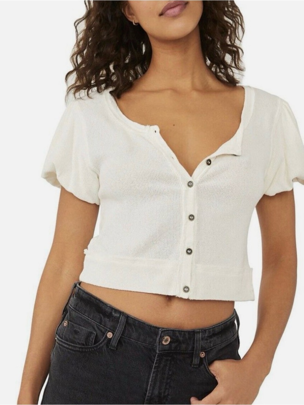 We The Free Molly T-Shirt Button-Front Cropped Knit Top off white
